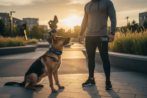 Perro usando Collar de Adiestramiento Digital 800M con dueño en parque